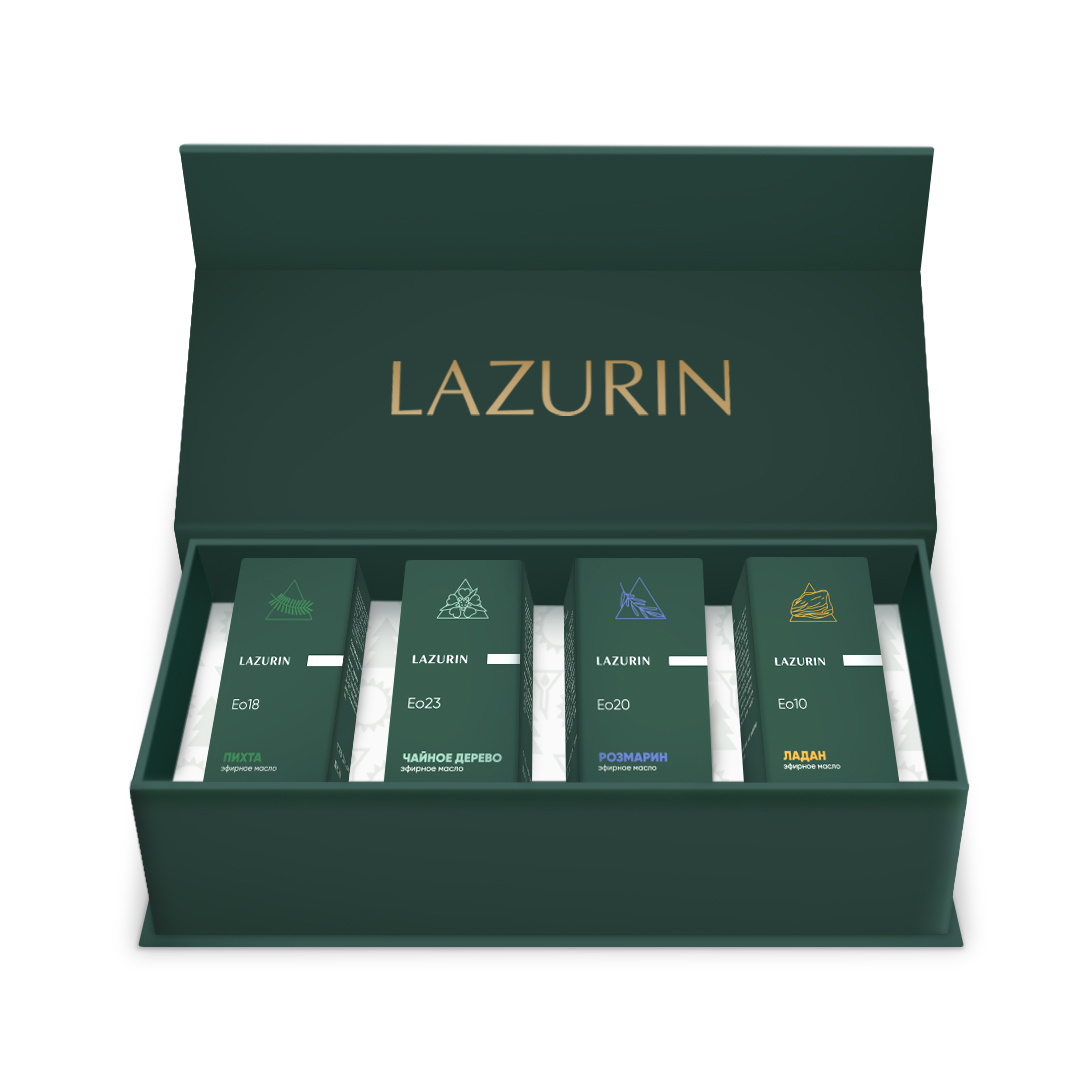 Набор эфирных масел LAZURIN. Пихта, Чайное дерево, Розмарин, Ладан.